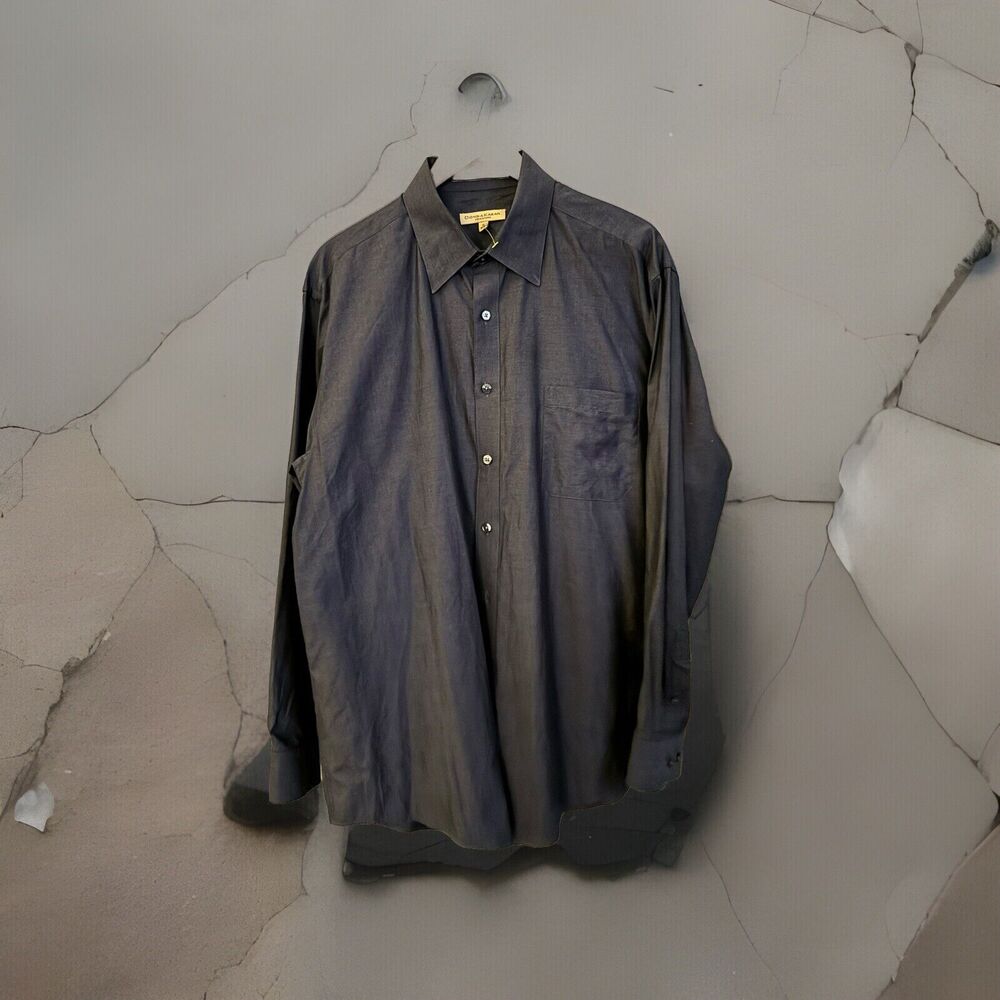 Vintage Donna Karan Signature Shirt Mens 17 34-35 Grey Long Sleeve Button Up